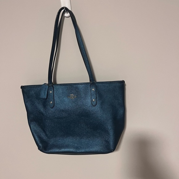 Coach Handbags - Coach Blue Pebbled Leather Tote Shoulder Bag Silver Logo Classic Everyday Purse